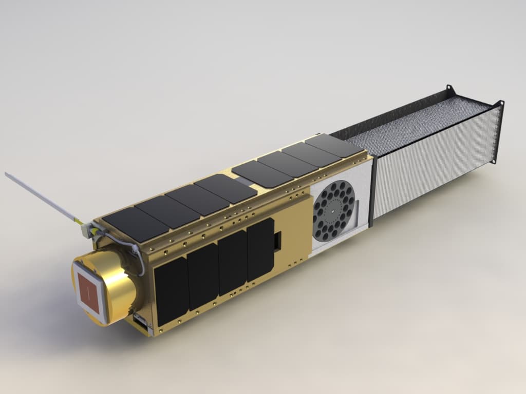 Rendered OOREOS CubeSat with gold chassis, solar panels, and a deployed white mesh deorbit mechanism.
